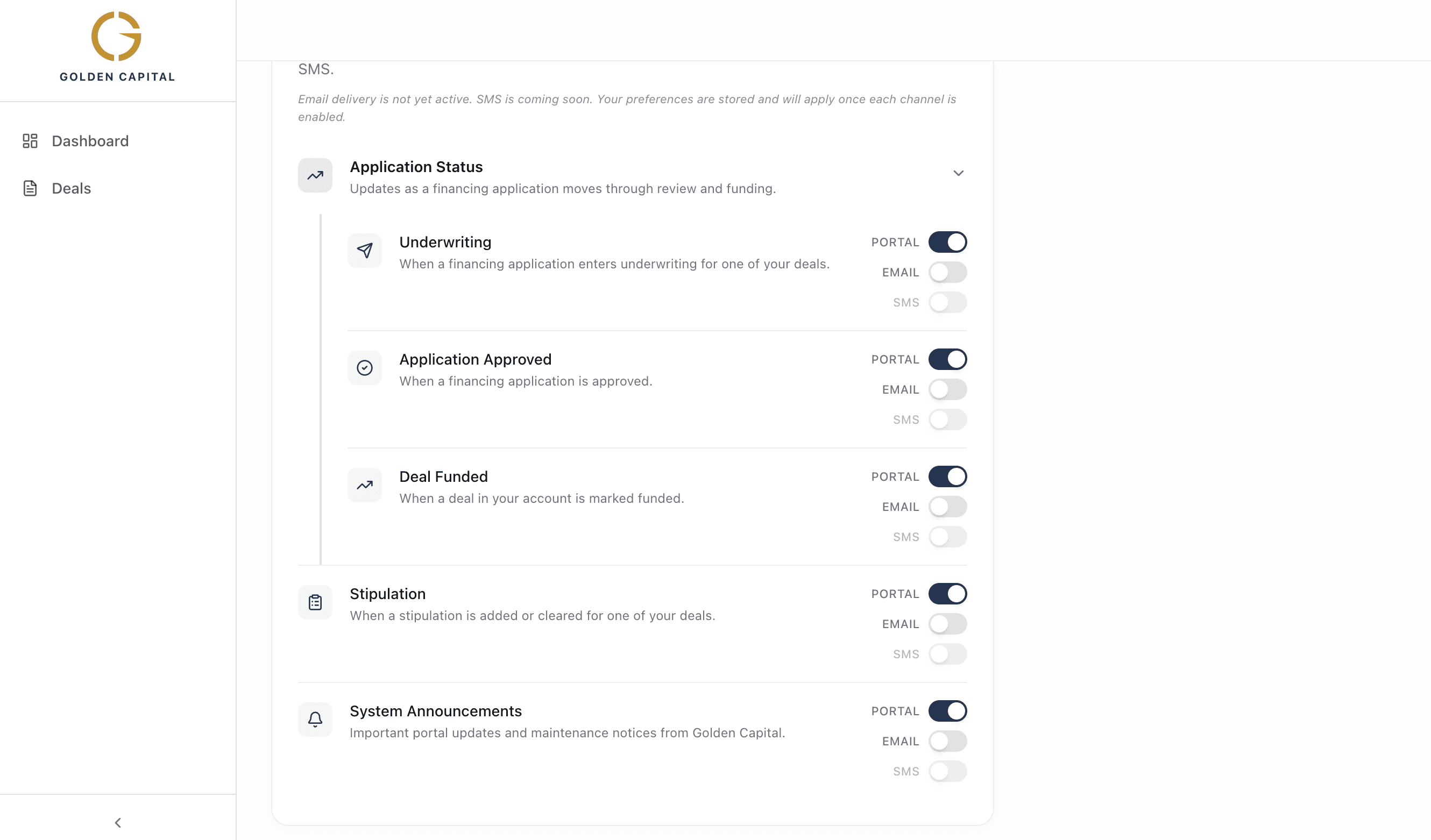 Notification preferences table with per-row Portal, Email, and SMS toggle columns